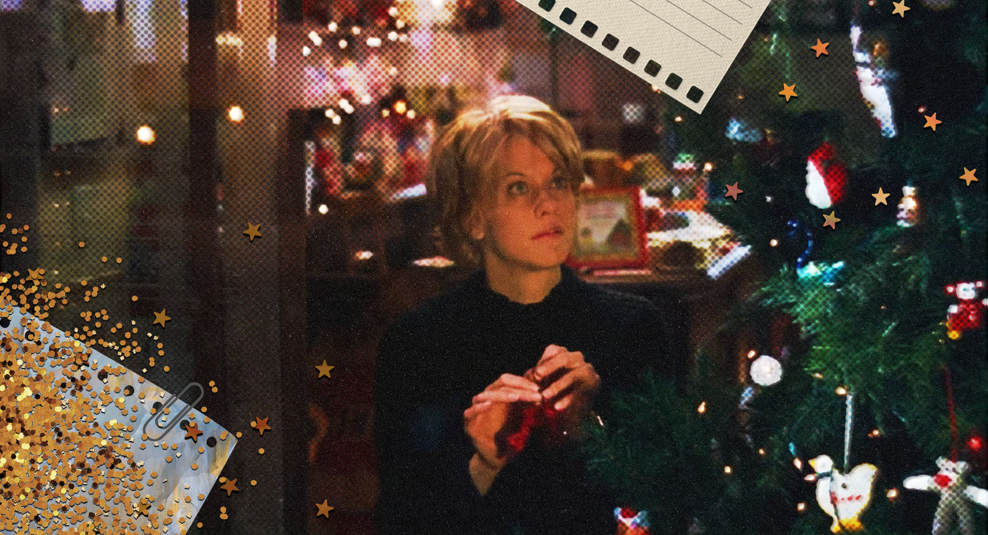 Meg Ryan peers through a window in "You've Got Mail," an ornament in her hands, and a Christmas tree in the foreground. Around the scene is a collage of stationery products — papers, confetti stars, glitter, and a paperclip.