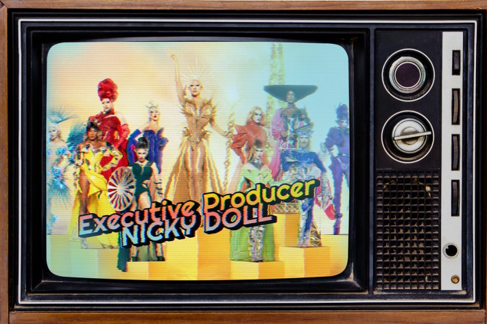 Cast of Drag Race France All Stars on an old TV