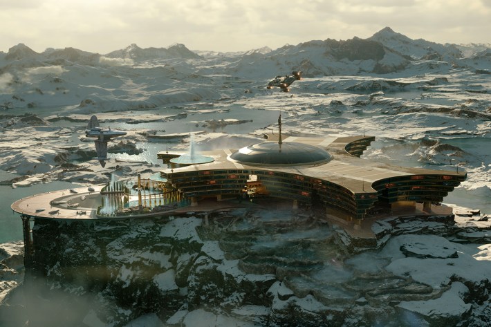 Skull Ridge Mountain Hotel & Spa (on the planet Lanupa) in Lucasfilm’s STAR WARS: SKELETON CREW, exclusively on Disney+. Photo courtesy of Lucasfilm. ©2024 Lucasfilm Ltd. & TM. All Rights Reserved.