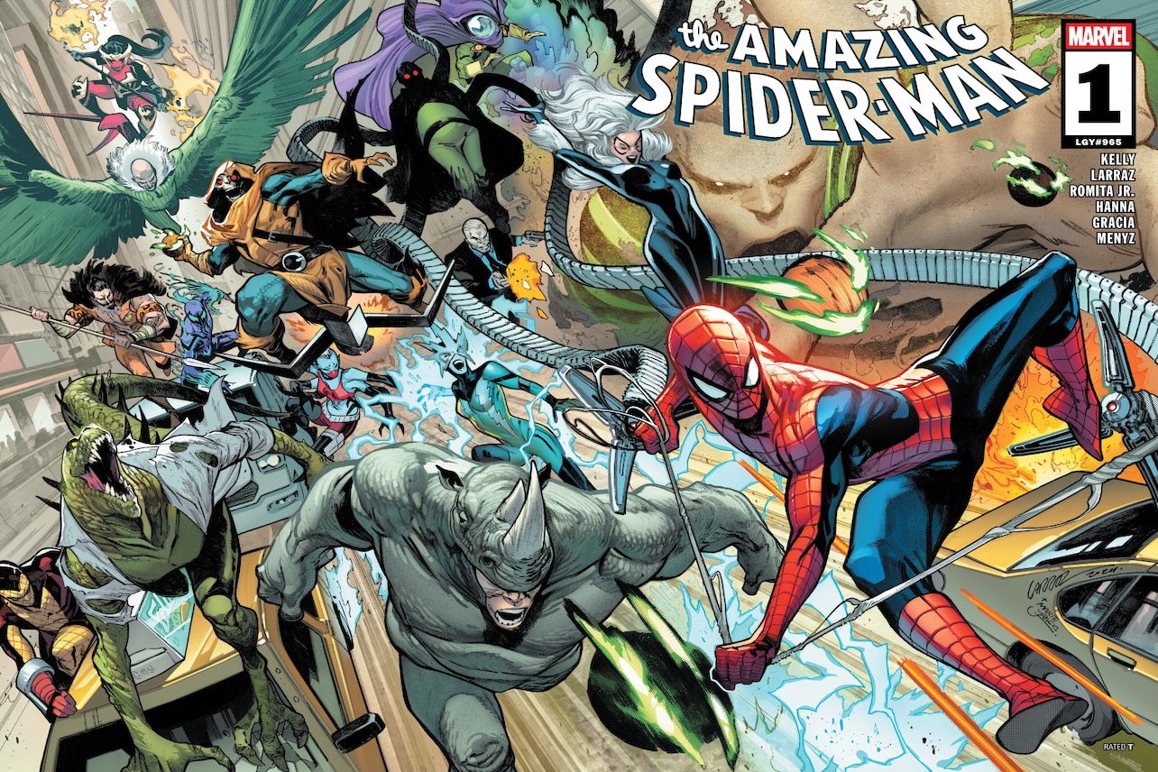 The full cover of ASM #1, with Spider-Man swinging in front of Sandman, Black Cat, Doctor Octopus, Chasm, Hobgoblin, Lizard, Shocker, Kraven the Hunter, Tombstone, Mysterio, Vulture, Goblin Queen, and Itsy Bitsy