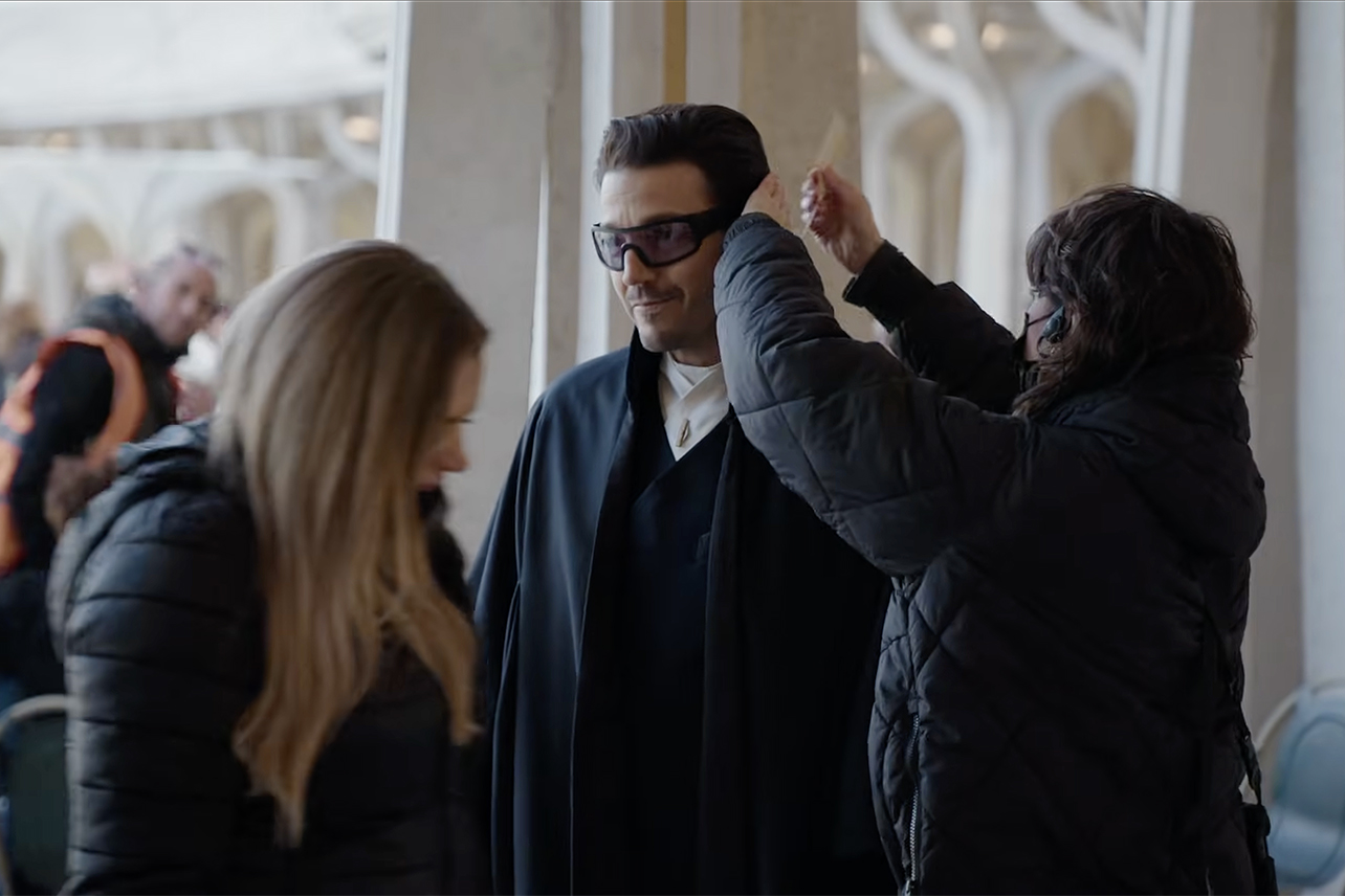 Diego Luna on-set getting hair fixed