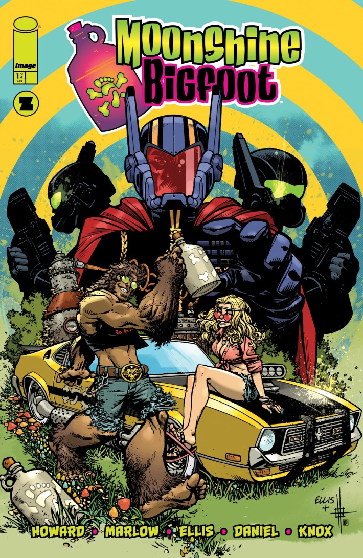 Cover to Moonshine Bigfoot #1. Bigfoot and his hippy girlfriend Amethyst sit on his yellow hot rod, hoisting a jug of moonshine. Behind them are shadowy figures in complicated mech suits.