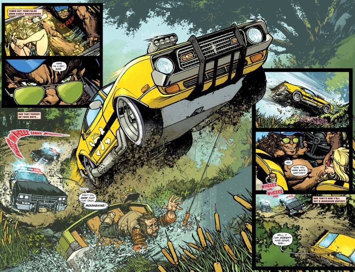 A large splash panel of a comic, showing a yellow hot rod speeding through the woods, over a fisherman, pursued by a police car.