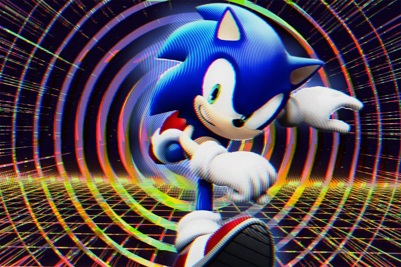 Sonic running in front of 8-bit plane with concentric circles and dash lines behind him