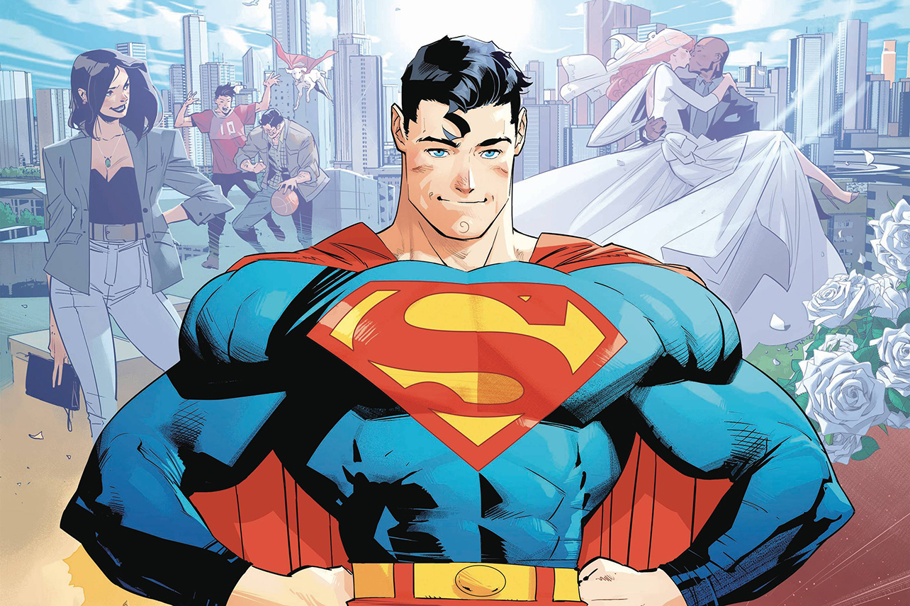 Part of the cover of Summer of Superman Special #1. Superman is posed with the title. Over his shoulders are Lois Lane and Lana Lang kissing John Henry Irons.