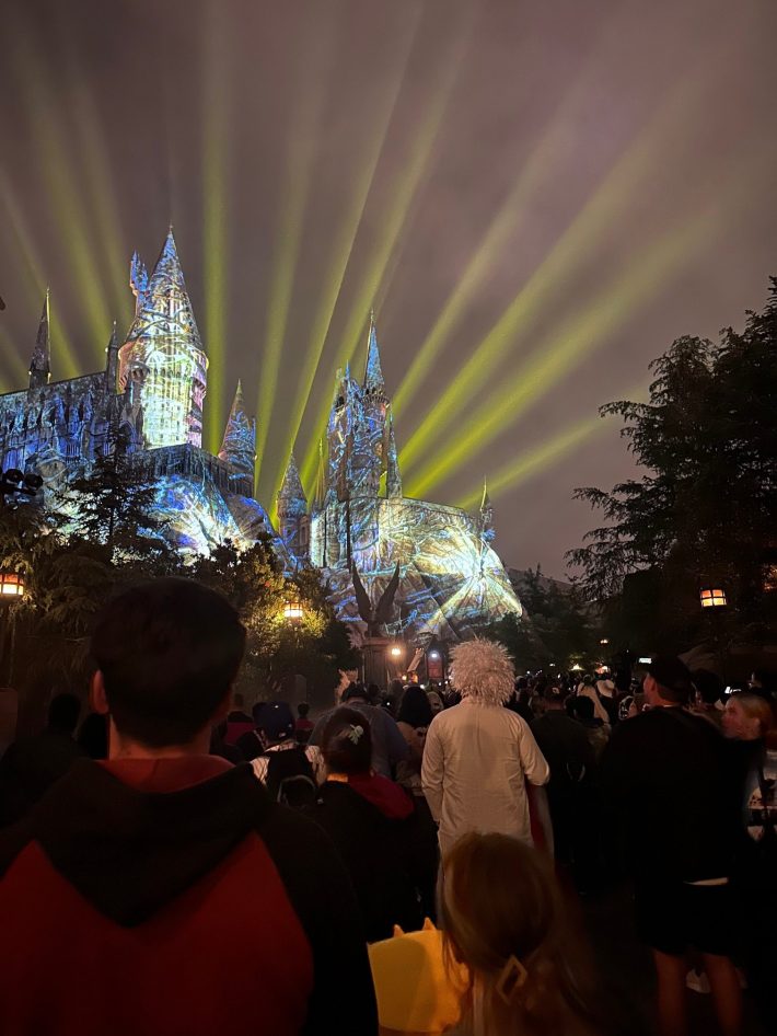 A crowd watches a lightshow at a castle, including a man in a white lab coat and large white wig.