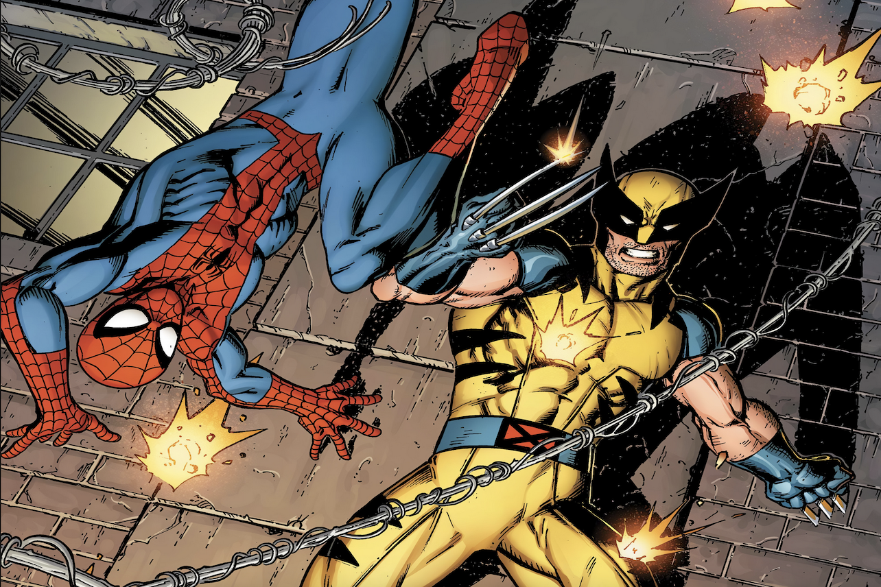 Spider-Man in a red and blue suit, and Wolverine, in a yellow suit with claws extending from their hands, pose near a wall.