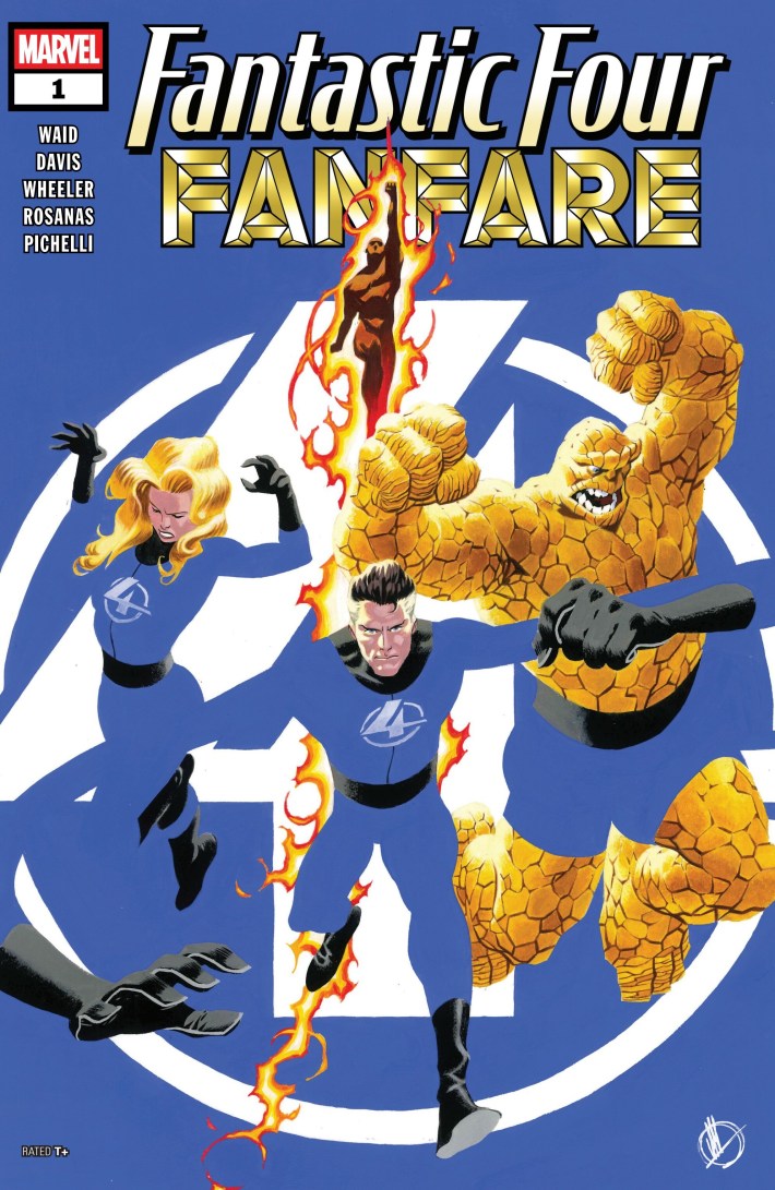 A comic cover with a man on fire, a stretchy man, a blonde woman, and a man made of stones. The Fantastic Four.