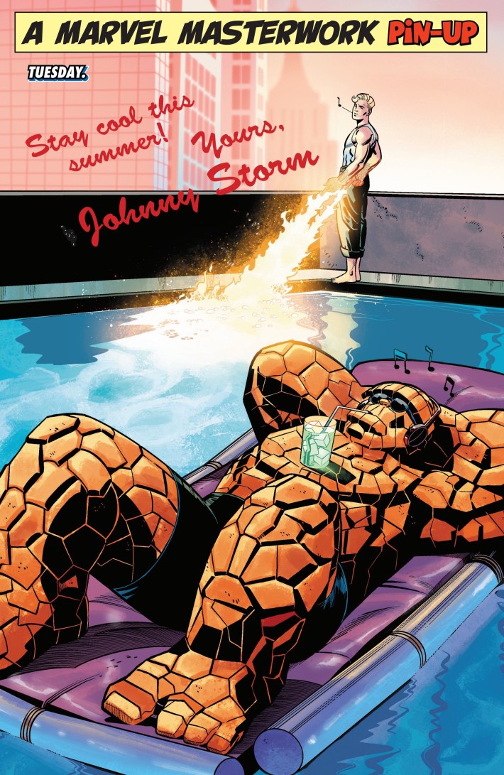 A man made of rocks is floating on a raft in a pool, asleep. Behind him a man is blasting the water with fire so it will boil.