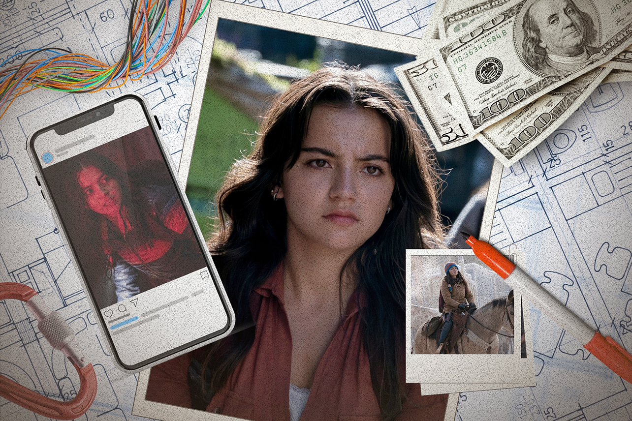 Dina from Last of Us in 8x10 glossy, polaroids, and an iphone, on top of blueprints, with wires, karabiner, sharpie, and cash