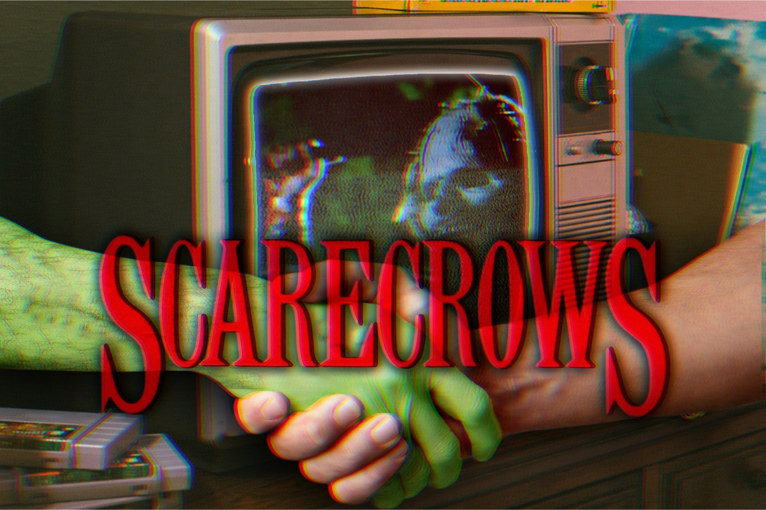 Scarecrows on TV with handshake in front