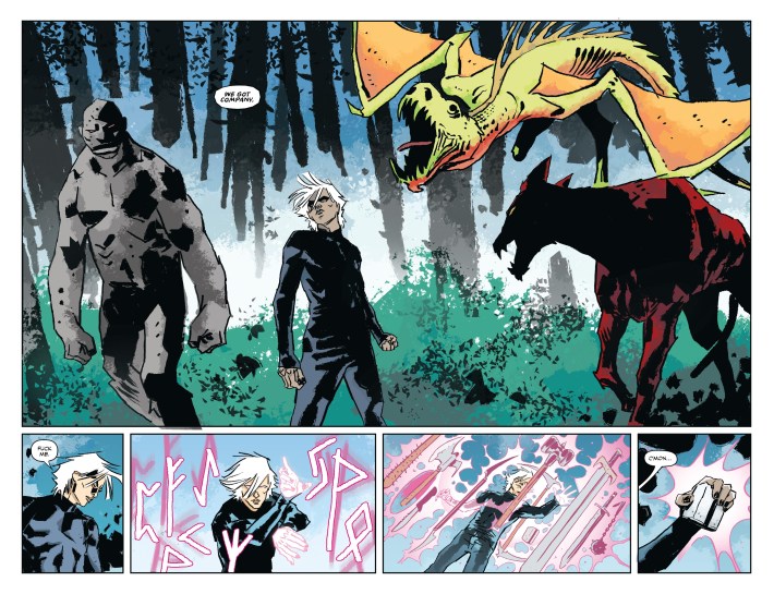A white haired man is surrounded by a rock monster, a dragon, and a red dog demon. He waves his hands around and makes large glowing runes in the air.