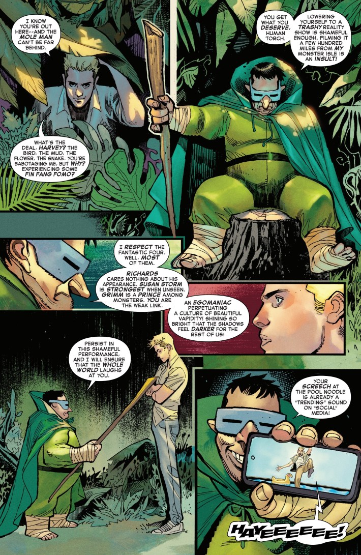 Multiple panels where a blonde man, Johnny Storm, speaks with the Mole Man. At the end the Mole Man shows on his phone how a video of Johnny Storm scared by a pool noodle is going viral.