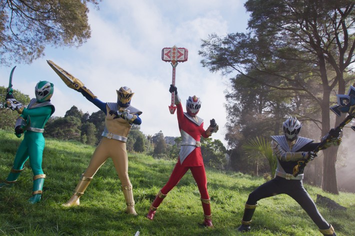 Tessa Rao as Izzy, Jordon Fite as Aiyon, Hunter Deno as Amelia, and Chance Perez as Javi in Power Rangers Cosmic Fury