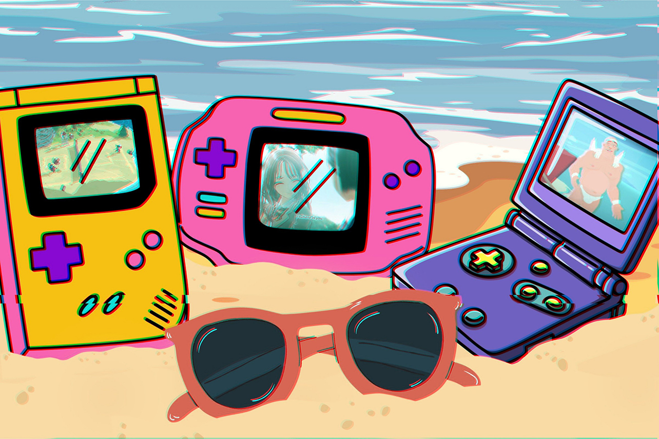 Handheld video game systems in sand on beach