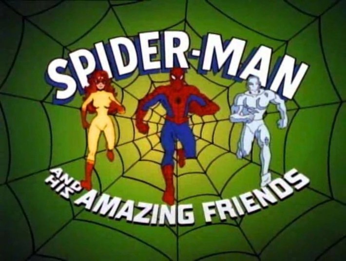 Spider-Man in red and blue, runs across a web to the viewer, along with a man made of ice, and a woman in a yellow leotard and red mask. The copy reads "Spider-Man and his amazing friends".