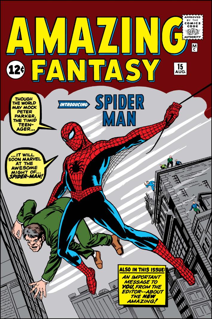 The cover of Amazing Fantasy #15. Spider-man, in a red and blue leotard, swings over the city, carrying a man in a green suit.