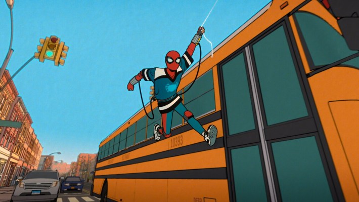 A CGI Spider-Man runs alongside a school bus.