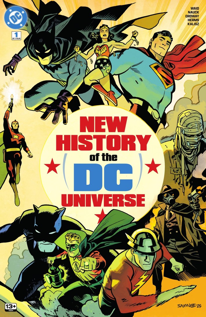 The cover to New History of the DC Universe #1, featuring Batman, the Unkown Soldier, Superman, Wonder Woman, the Flash, and Wildcat.