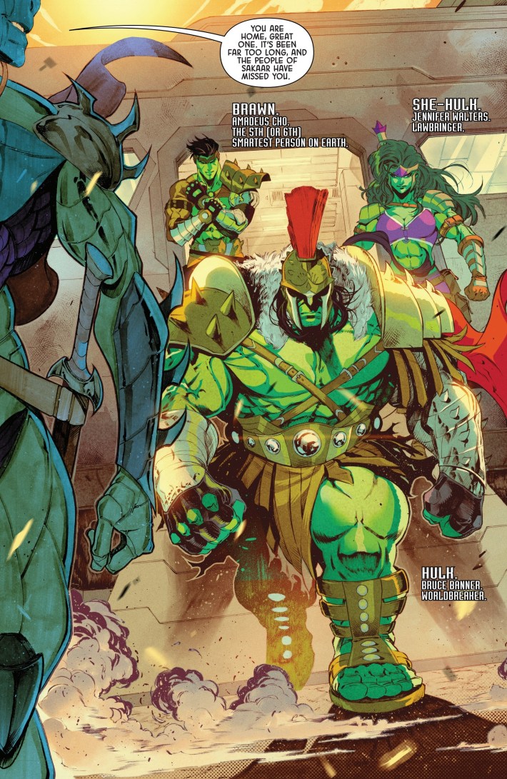 Three green-skinned Hulks step off a spaceship.