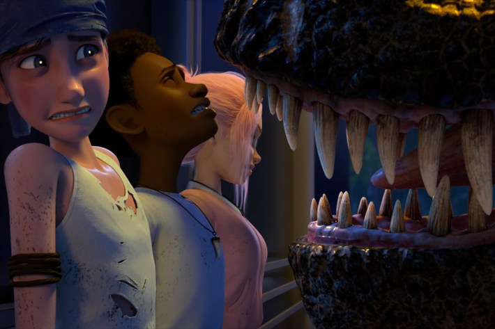 Jurassic World: Camp Cretaceous (L to R) Sean Giambrone as Ben, Paul-Mikel Williams as Darius and Jenna Ortega as Brooklynn in episode 502 of Jurassic World: Camp Cretaceous Cr. Courtesy of Netflix © 2022