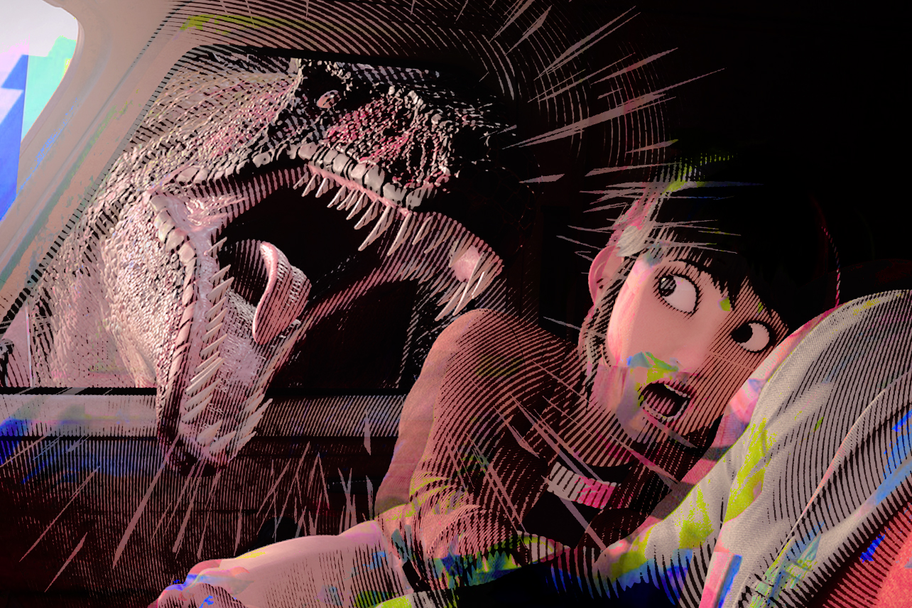Dino bursting through car window