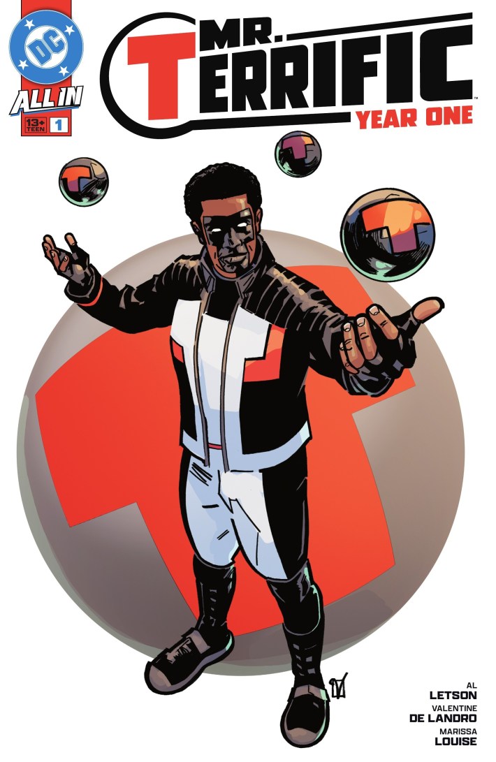 A Black man in a skin tight super suit, with makeup in the shape of a T on his face stands among floating spheres marked with T's.