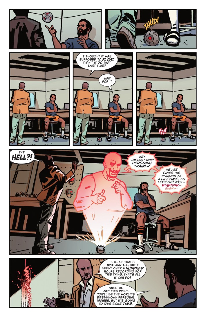 Two Black men speak in a workshop. A gizmo pops up a hologram of one of them, Dre, who begins to lead an unseen audience in a workout routine.