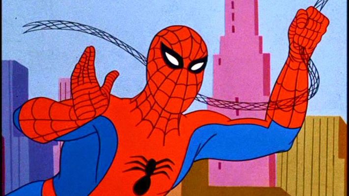 A very basic animated Spider-Man in red and blue tights, from the torso up, waving to the camera as he swings on a web.