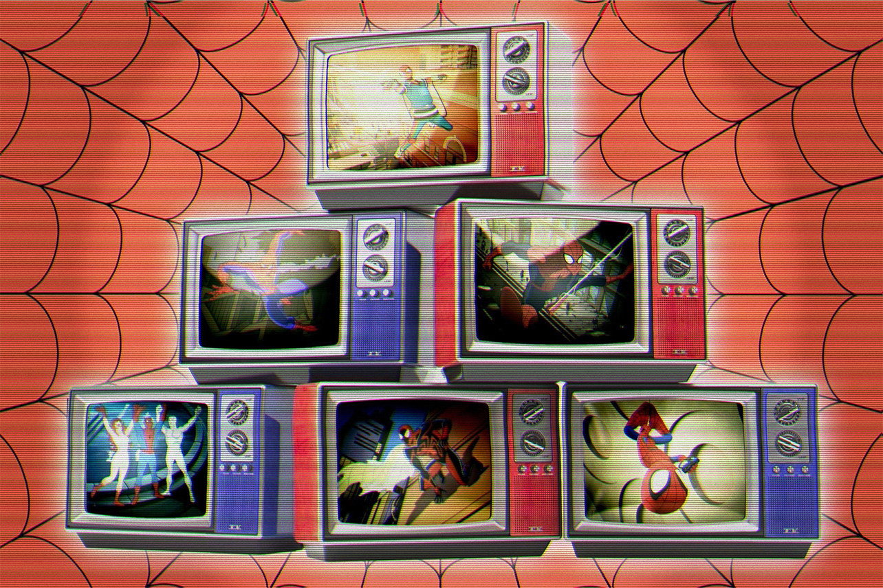 Stack of TVs playing Spider-Man shows