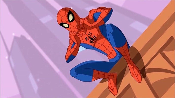 Animated Spider-Man, in red and blue suit, pulls on his mask while sitting atop a building.