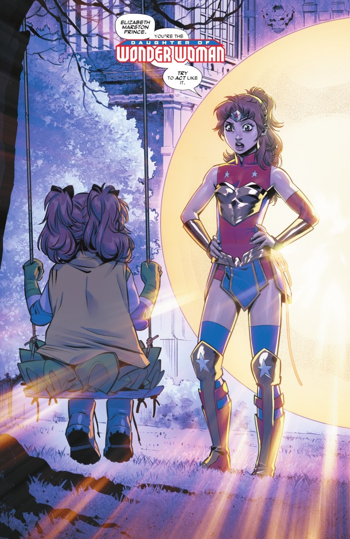 A teen girl in red, blue, and yellow, steps out of a yellow portal to confront a little girl dressed in a cape and tutu on a swing.