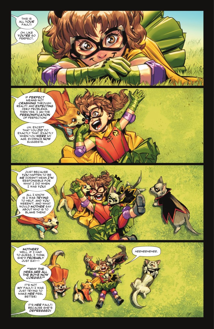 Several panels where an adorable girl dressed as Robin, with a tutu, happily plays with corgis dressed as superheroes.