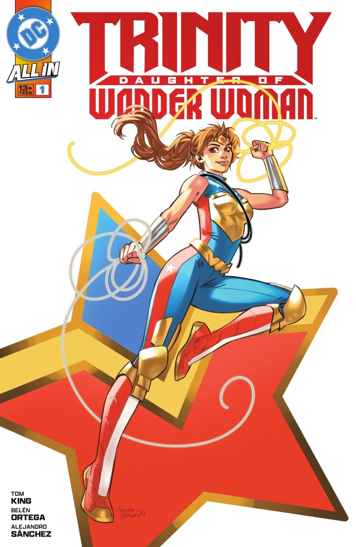 the cover of Trinity: Daughter of Wonder Woman, with a ponytailed girl in a read, yellow, and blue jumpsuit leaping over a giant star.