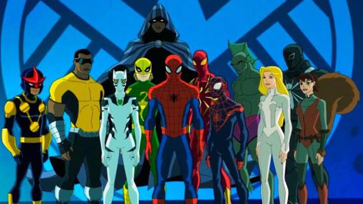 Spider-man poses with a group of heroes, including Nova, Power Man, White Tiger, Iron Fist, Cloak, Dagger, and Squirrel Girl.