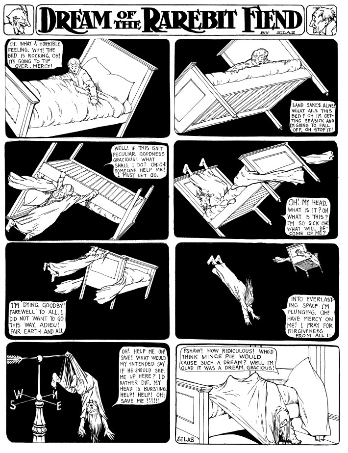 A comic strip featuring a man in pajamas flying next to a bed in black space. He catches on a weather vane. In the last panel it is shown that he fell out of bed after a dream.