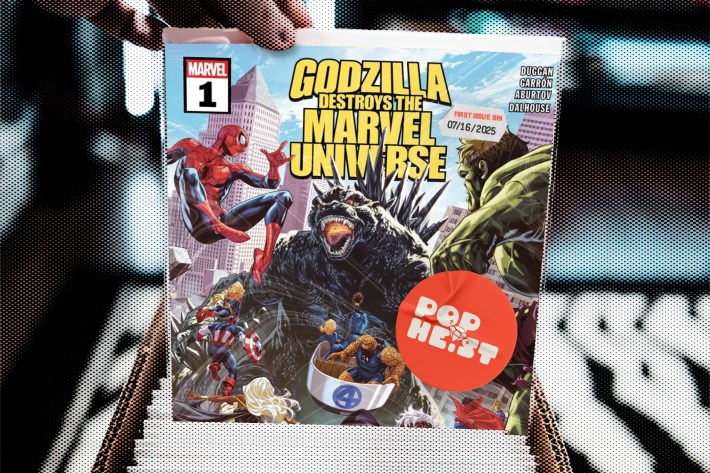 Comic book issue, Godzilla Destroys the Marvel Universe #1, being pulled out of a long box.