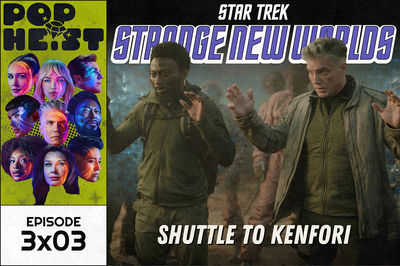 Two starfleet officers with hands up