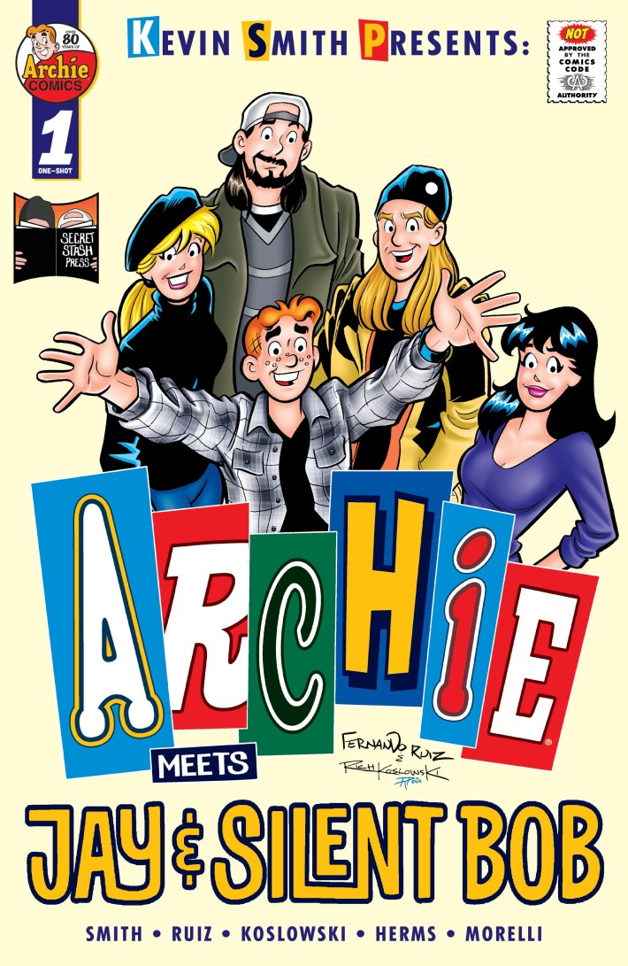 Archie, a redheaded teen comic character, is surrounded by a blonde and a brunette (Betty and Veronica), a tall man with long blonde hair (Jay), and a bearded man in a long coat (Silent Bob) in a parody of the movie poster for Clerks.