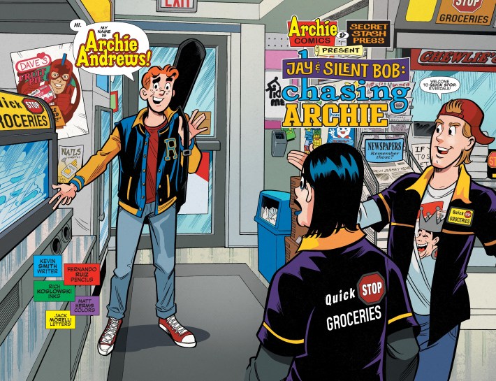 A comic splash page of redheaded teen Archie walking into a convenience store. Two employees watch him enter.