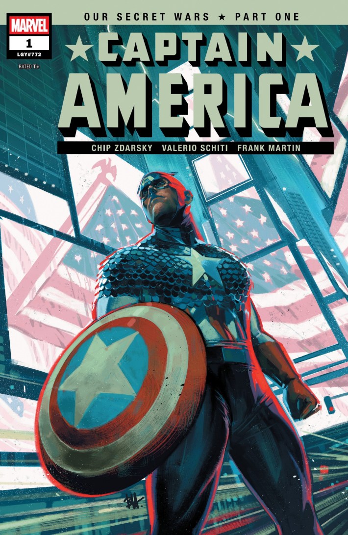 Captain America surrounded by television screens showing the American flag.