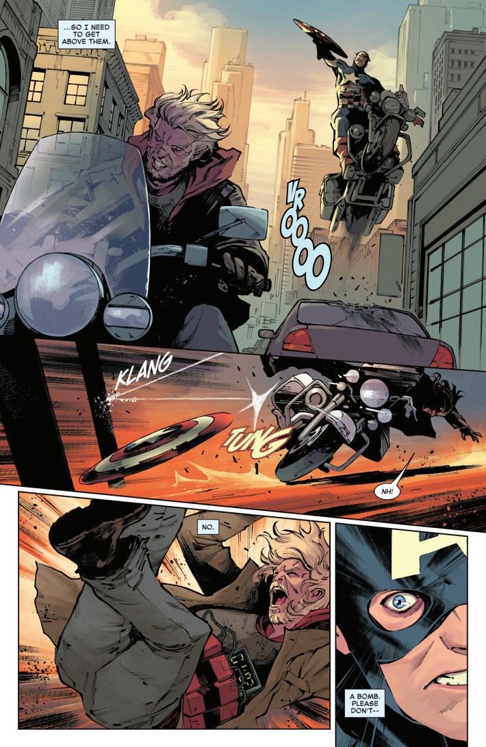 Panels where Captain America chases a bearded man on a motorcycle. The man is revealed to have a bomb.