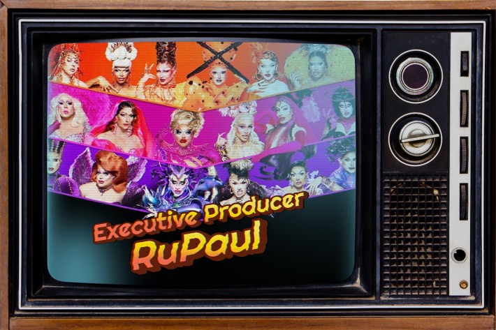 Drag Race All Stars 10 cast on an old CRT television with "executive producer Rupaul" on it