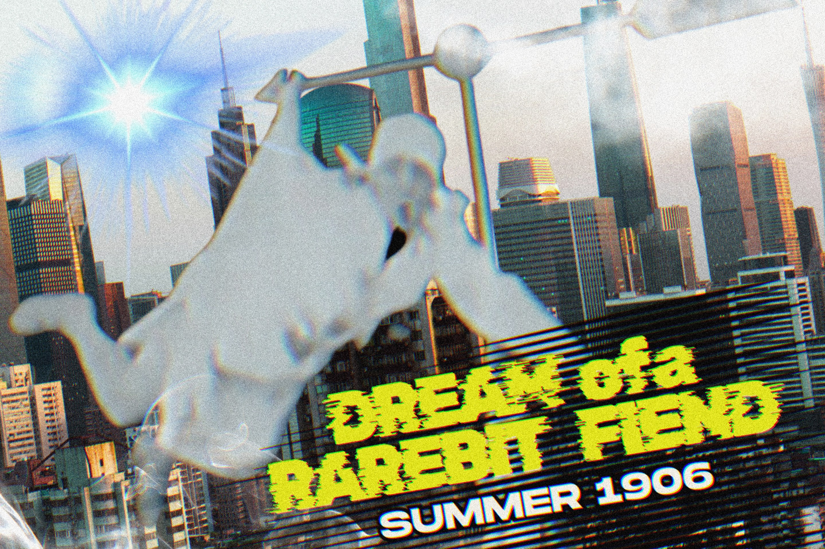 Dream of a Rarebit Fiend modern poster, old timey dude on weather vane over a modern city with lens flare and a logo