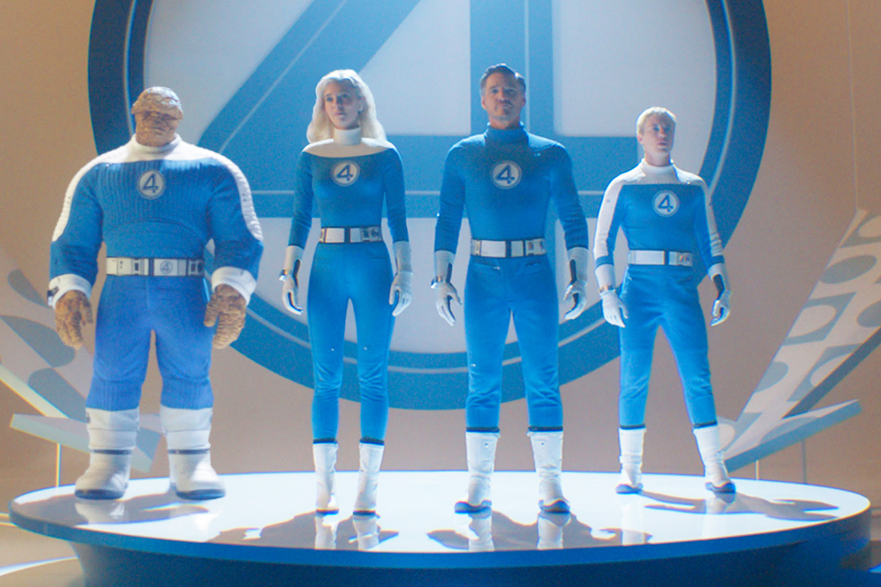 (L-R): Ebon Moss-Bachrach as Ben Grimm/The Thing, Vanessa Kirby as Sue Storm/Invisible Woman, Pedro Pascal as Reed Richards/Mister Fantastic and Joseph Quinn as Johnny Storm/Human Torch in 20th Century Studios/Marvel Studios' THE FANTASTIC FOUR: FIRST STEPS. Photo courtesy of 20th Century Studios/Marvel Studios. © 2025 20th Century Studios / © and ™ 2025 MARVEL.
