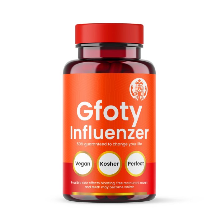 A mocked up pill bottle for Gfoty's album Influenzer. Bottle claims it is vegan, kosher, and perfect, and boasts possible side effects of bloating, free restaurant meals, and teeth may become whiter.