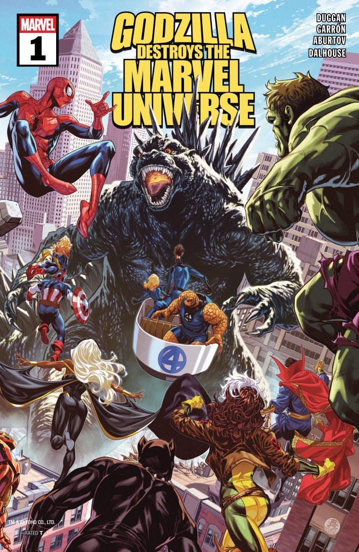 The cover of the "Godzilla Destroys the Marvel Universe" comic, featuring a giant lizard squaring off against Spider-Man, the Fantastic Four, Captain America, and the Hulk