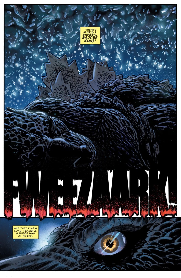 Comic panel: a giant lizard under the water wakes up.