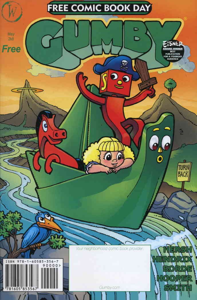 A comic cover showing the green clay character Gumby as a boat, with a clay horse and two clay people riding in him down a river.