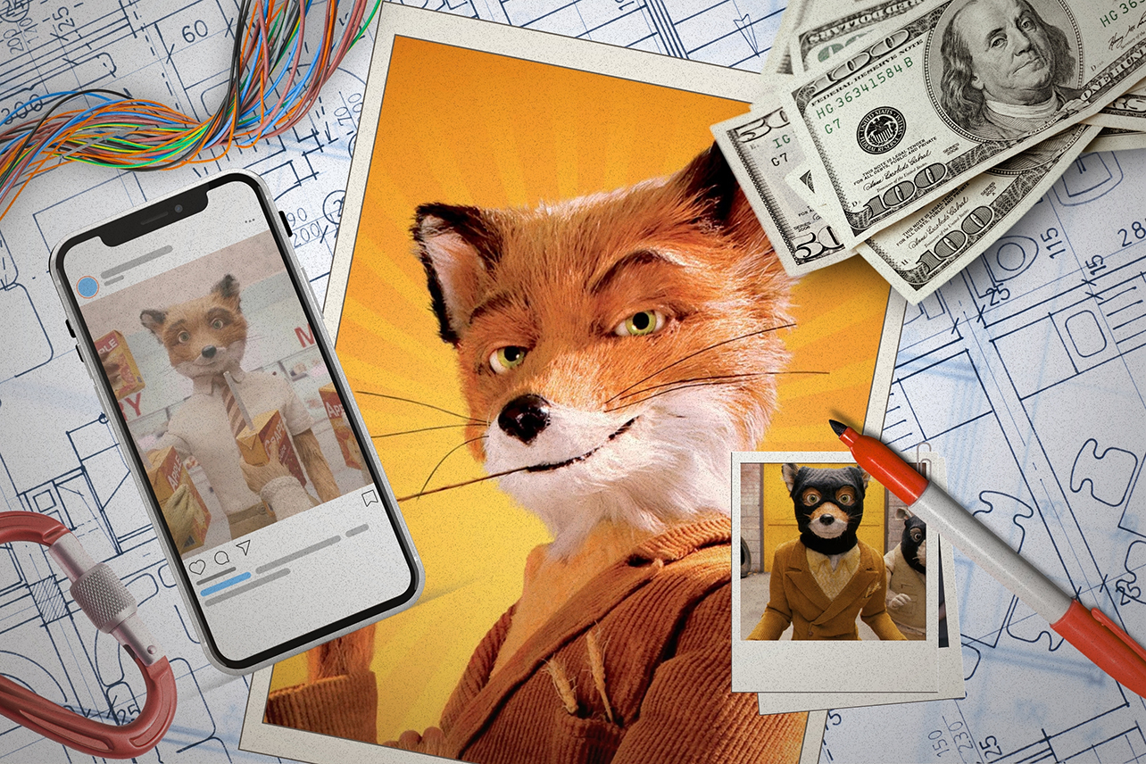 Photo of Fox and heist materials (money, wire, sharpie, phone, etc)